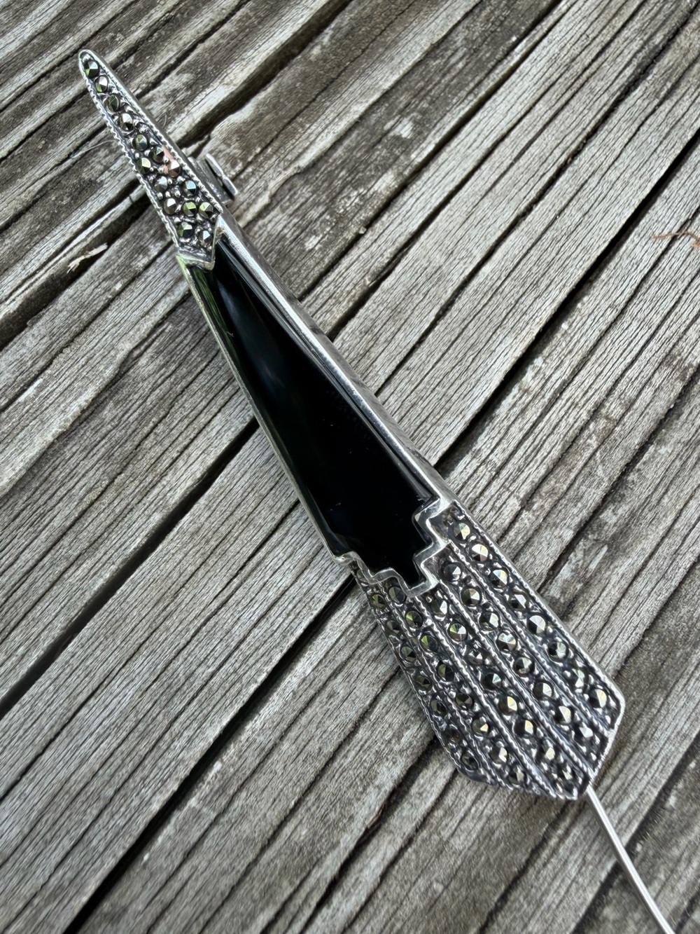Art Deco 925 Marcasite Onyx 3” Length X.5” WidthAt Widest Brooch As Is Clasp